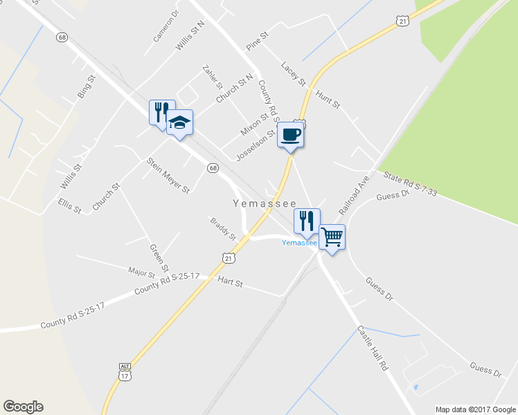 map of restaurants, bars, coffee shops, grocery stores, and more near 37 Connely Street in Yemassee