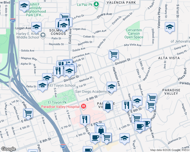 map of restaurants, bars, coffee shops, grocery stores, and more near 2747 Melrose Street in National City