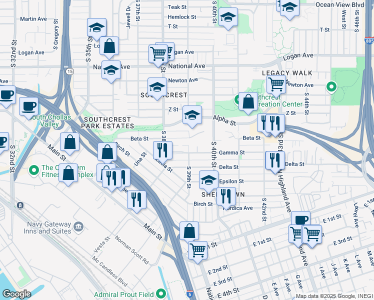 map of restaurants, bars, coffee shops, grocery stores, and more near 3863 Gamma Street in San Diego