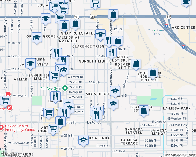 map of restaurants, bars, coffee shops, grocery stores, and more near 2091 South Maple Avenue in Yuma