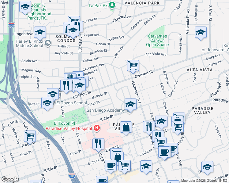 map of restaurants, bars, coffee shops, grocery stores, and more near 2743 East 1st Street in National City