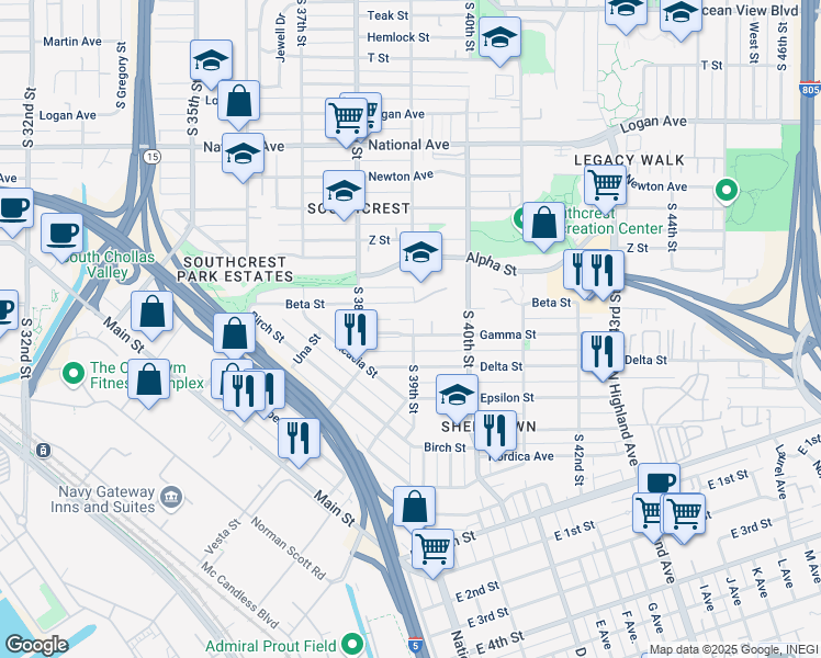 map of restaurants, bars, coffee shops, grocery stores, and more near 3863 Gamma Street in San Diego