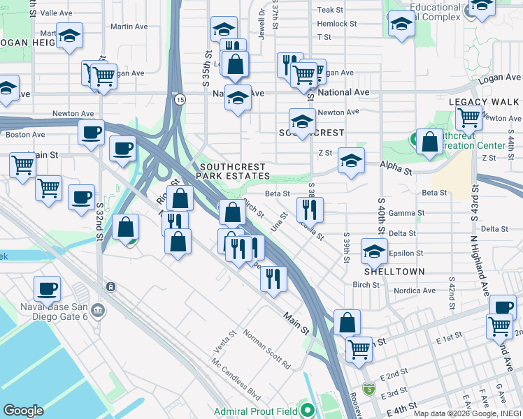 map of restaurants, bars, coffee shops, grocery stores, and more near 3649 Birch Street in San Diego