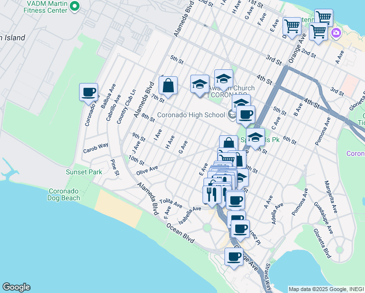 map of restaurants, bars, coffee shops, grocery stores, and more near 861 G Avenue in Coronado