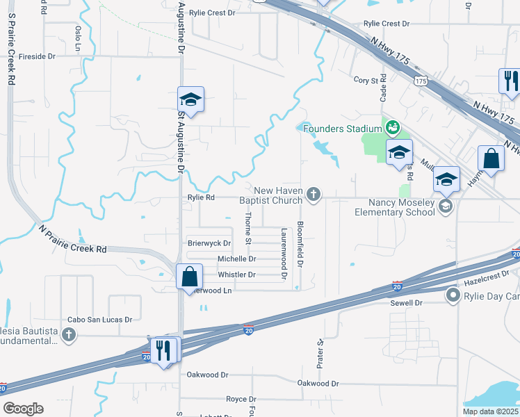 map of restaurants, bars, coffee shops, grocery stores, and more near 1323 Ryliewood Drive in Dallas