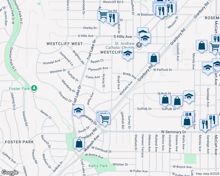 map of restaurants, bars, coffee shops, grocery stores, and more near 3467 Suffolk Drive in Fort Worth