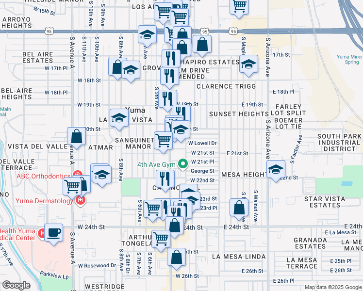 map of restaurants, bars, coffee shops, grocery stores, and more near 2098 South 3rd Avenue in Yuma