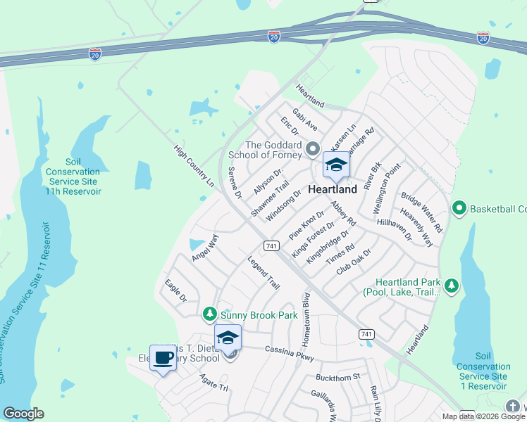 map of restaurants, bars, coffee shops, grocery stores, and more near 4009 Serene Drive in Forney