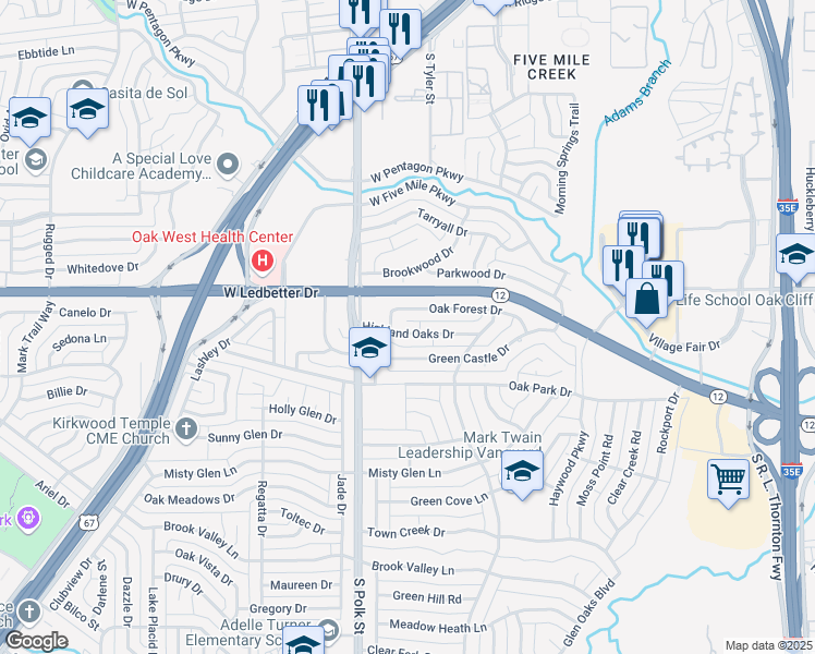 map of restaurants, bars, coffee shops, grocery stores, and more near 943 Highland Oaks Drive in Dallas