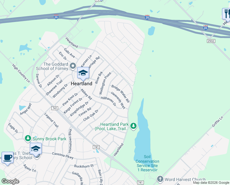 map of restaurants, bars, coffee shops, grocery stores, and more near 4026 Heavenly Way in Forney