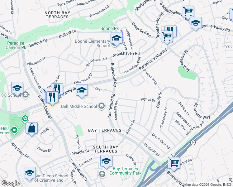 map of restaurants, bars, coffee shops, grocery stores, and more near 7313 Bignell Drive in San Diego