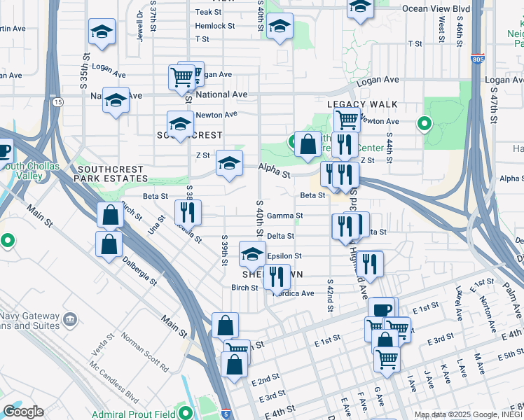 map of restaurants, bars, coffee shops, grocery stores, and more near 1611 South 40th Street in San Diego