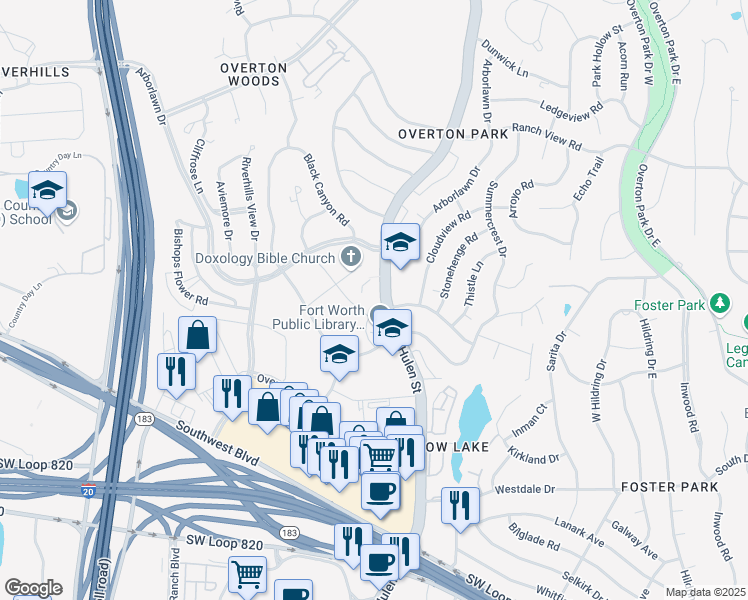 map of restaurants, bars, coffee shops, grocery stores, and more near 4001 Library Lane in Fort Worth