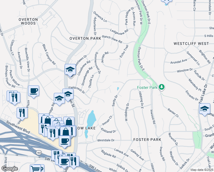 map of restaurants, bars, coffee shops, grocery stores, and more near 4001 Briarhaven Court in Fort Worth
