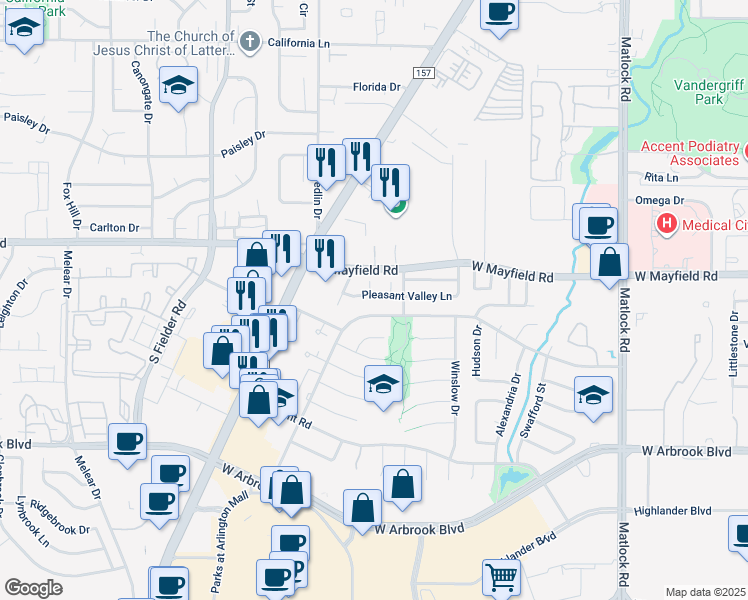 map of restaurants, bars, coffee shops, grocery stores, and more near 1120 Pleasant Valley Lane in Arlington