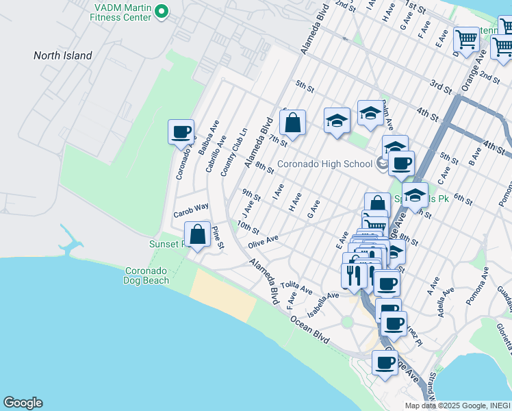 map of restaurants, bars, coffee shops, grocery stores, and more near 913 J Avenue in Coronado