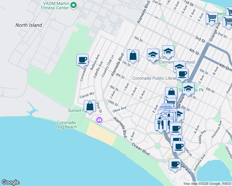 map of restaurants, bars, coffee shops, grocery stores, and more near 913 J Avenue in Coronado