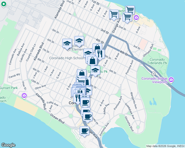 map of restaurants, bars, coffee shops, grocery stores, and more near Orange Avenue in Coronado