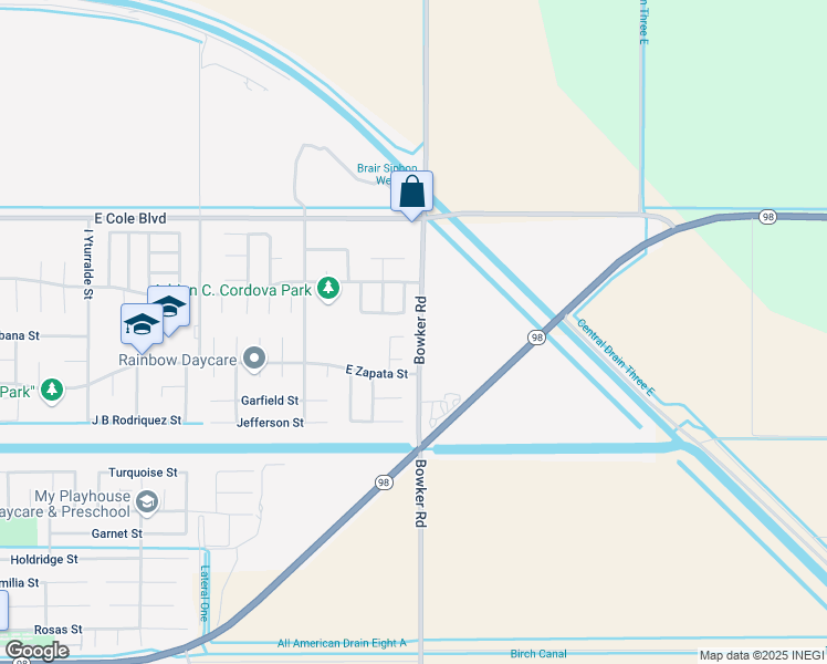 map of restaurants, bars, coffee shops, grocery stores, and more near 597-599 Bowker Road in Calexico