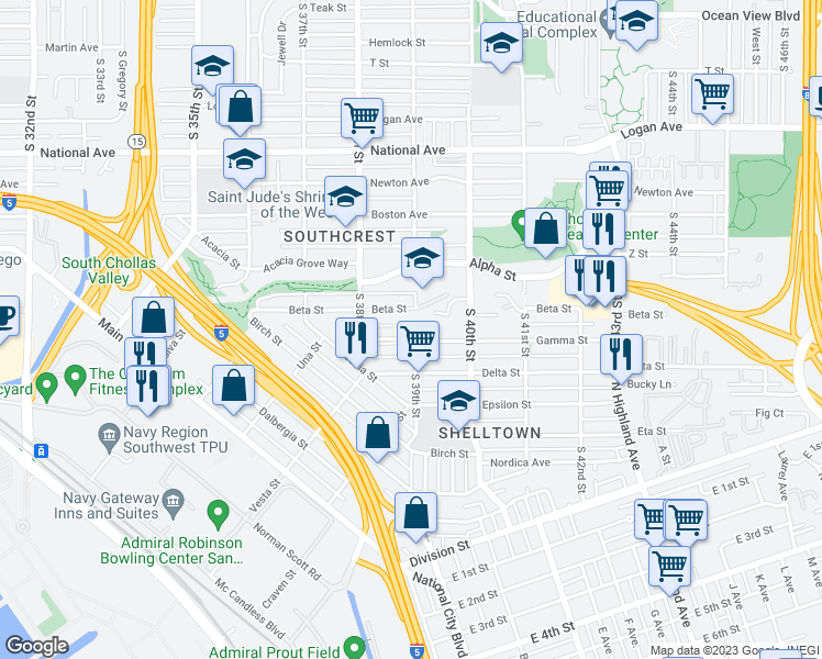 map of restaurants, bars, coffee shops, grocery stores, and more near 1530 South 39th Street in San Diego