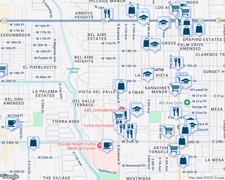 map of restaurants, bars, coffee shops, grocery stores, and more near 1230 West 20th Place in Yuma