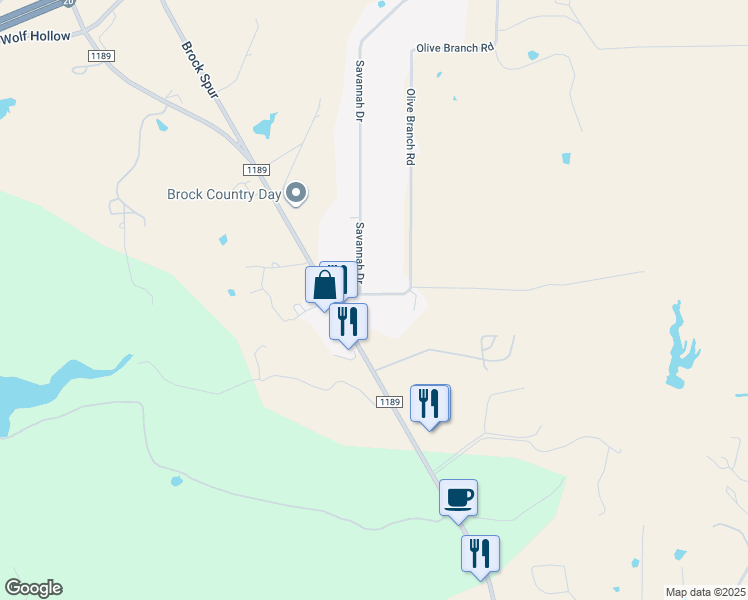 map of restaurants, bars, coffee shops, grocery stores, and more near 761 Olive Branch Road in Brock