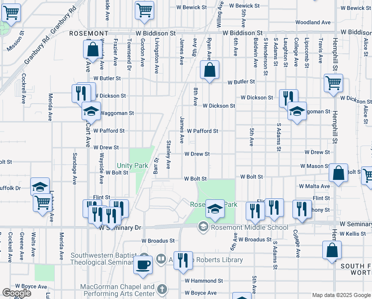 map of restaurants, bars, coffee shops, grocery stores, and more near 4008 8th Avenue in Fort Worth