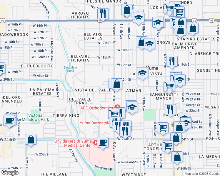 map of restaurants, bars, coffee shops, grocery stores, and more near 1253 West 20th Place in Yuma