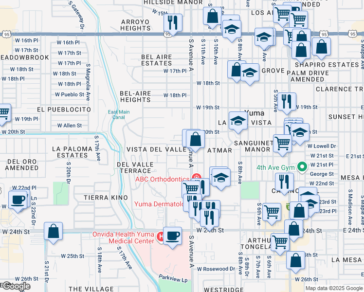 map of restaurants, bars, coffee shops, grocery stores, and more near 1253 West 20th Place in Yuma