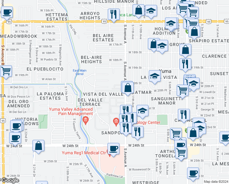 map of restaurants, bars, coffee shops, grocery stores, and more near 1253 West 20th Place in Yuma