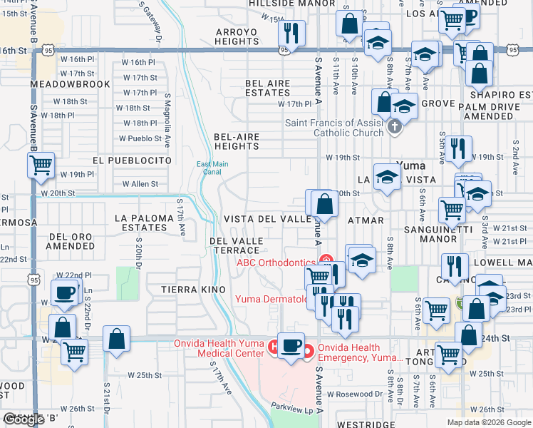 map of restaurants, bars, coffee shops, grocery stores, and more near Unnamed Road in Yuma