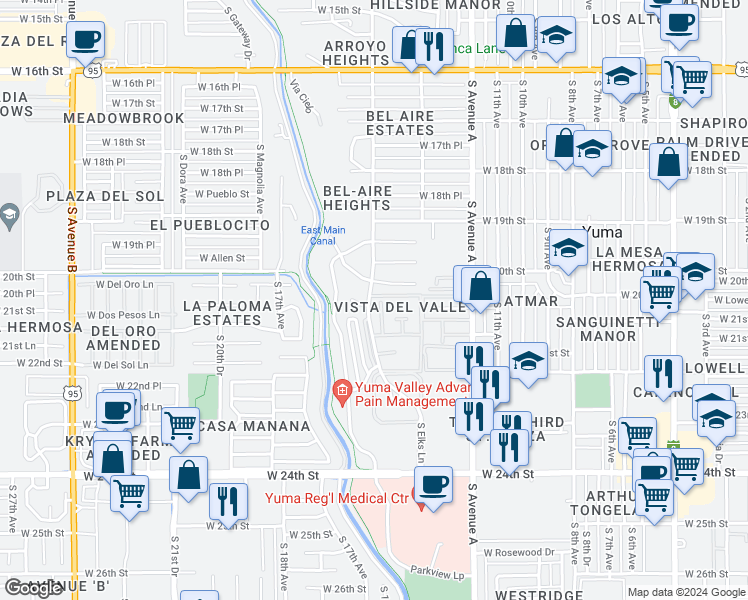 map of restaurants, bars, coffee shops, grocery stores, and more near 2090 South 14th Avenue in Yuma