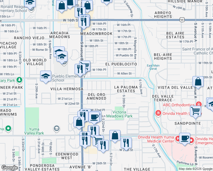 map of restaurants, bars, coffee shops, grocery stores, and more near 2121 West Dos Pesos Lane in Yuma