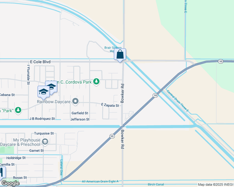 map of restaurants, bars, coffee shops, grocery stores, and more near 597 Bowker Road in Calexico