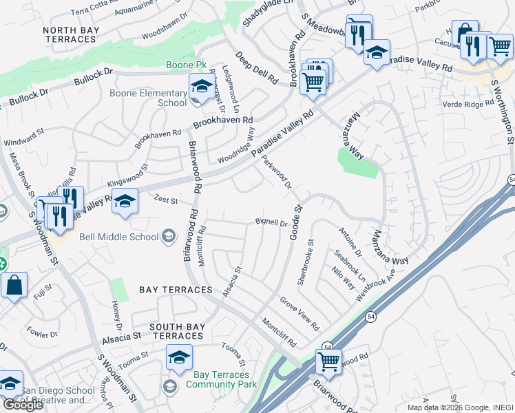 map of restaurants, bars, coffee shops, grocery stores, and more near 7558 Gayneswood Way in San Diego