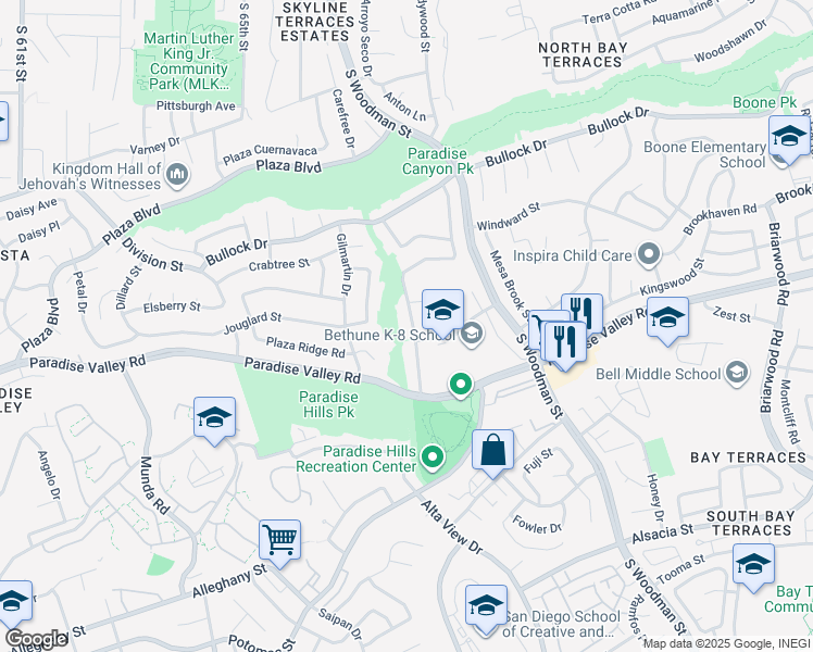 map of restaurants, bars, coffee shops, grocery stores, and more near 1903 Parkland Way in San Diego