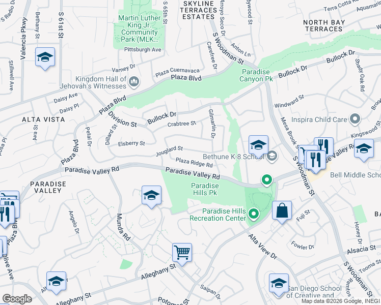 map of restaurants, bars, coffee shops, grocery stores, and more near 6532 Plaza Ridge Road in San Diego