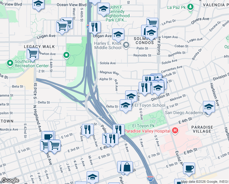 map of restaurants, bars, coffee shops, grocery stores, and more near 1725 La Posada Street in National City