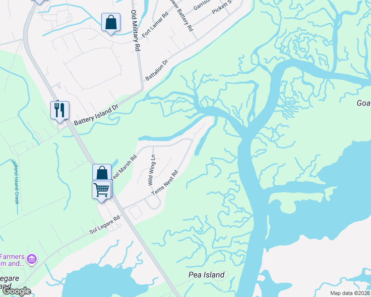 map of restaurants, bars, coffee shops, grocery stores, and more near 1588 Terns Nest Road in Charleston