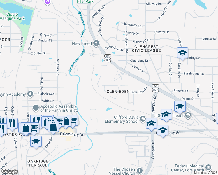 map of restaurants, bars, coffee shops, grocery stores, and more near 5125 Glen Eden Drive in Fort Worth
