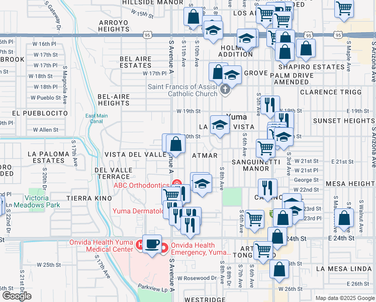 map of restaurants, bars, coffee shops, grocery stores, and more near 2045 South 11th Avenue in Yuma