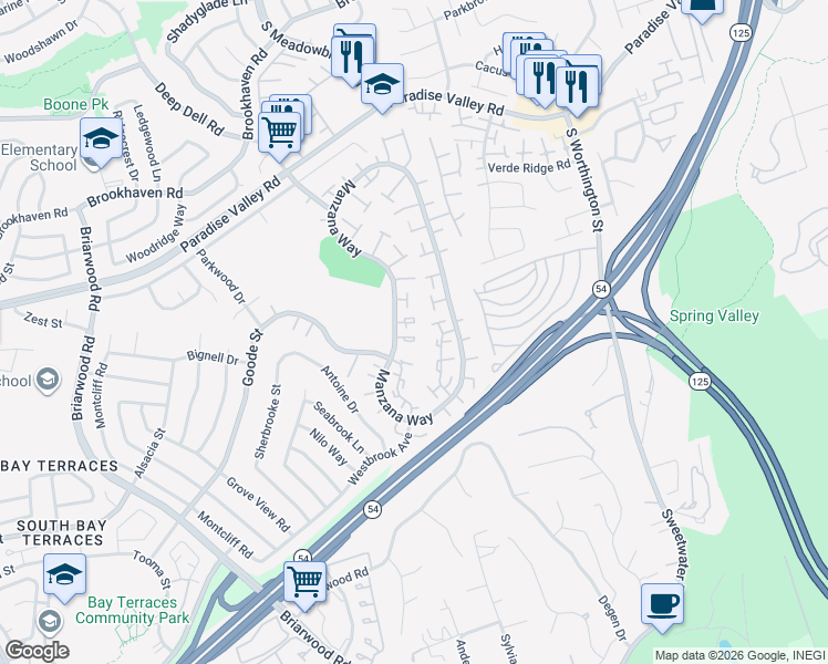 map of restaurants, bars, coffee shops, grocery stores, and more near 2095 Manzana Way in San Diego