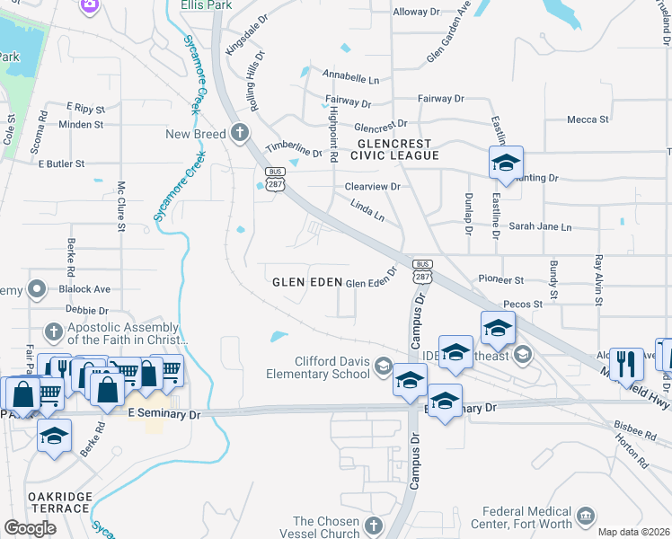 map of restaurants, bars, coffee shops, grocery stores, and more near 4001 Rosita Street in Fort Worth