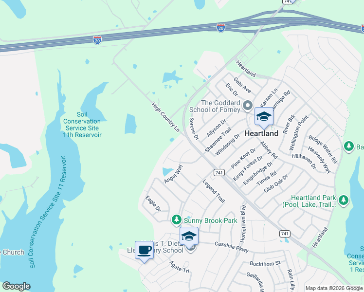 map of restaurants, bars, coffee shops, grocery stores, and more near 2004 Kickapoo Trail in Heartland