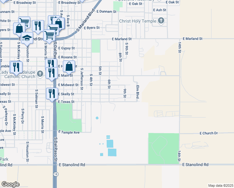 map of restaurants, bars, coffee shops, grocery stores, and more near 1504 East Texas Street in Hobbs