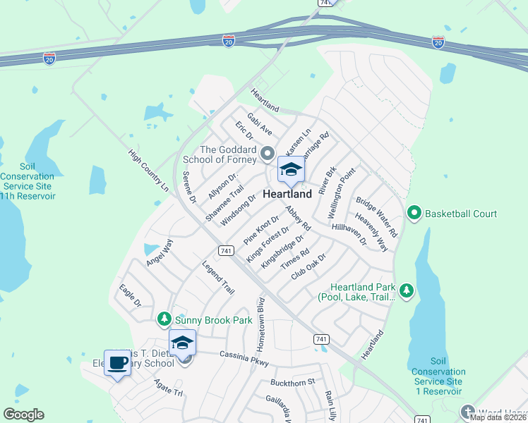 map of restaurants, bars, coffee shops, grocery stores, and more near 2027 Pine Knot Drive in Forney