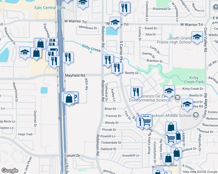 map of restaurants, bars, coffee shops, grocery stores, and more near 820 Over Ridge Drive in Grand Prairie