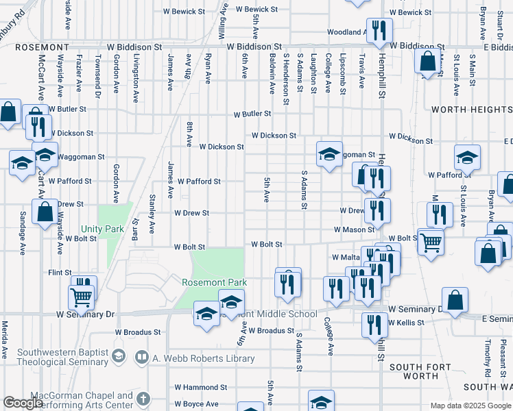 map of restaurants, bars, coffee shops, grocery stores, and more near 1313 West Fogg Street in Fort Worth