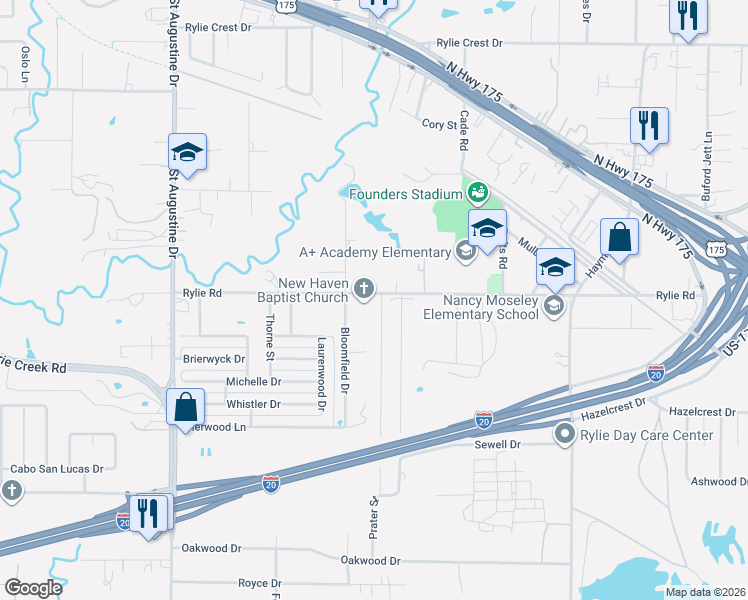 map of restaurants, bars, coffee shops, grocery stores, and more near 10118 Rylie Road in Dallas