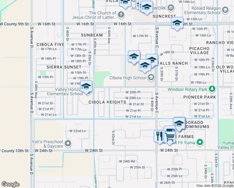 map of restaurants, bars, coffee shops, grocery stores, and more near 4255-4391 West 20th Street in Yuma